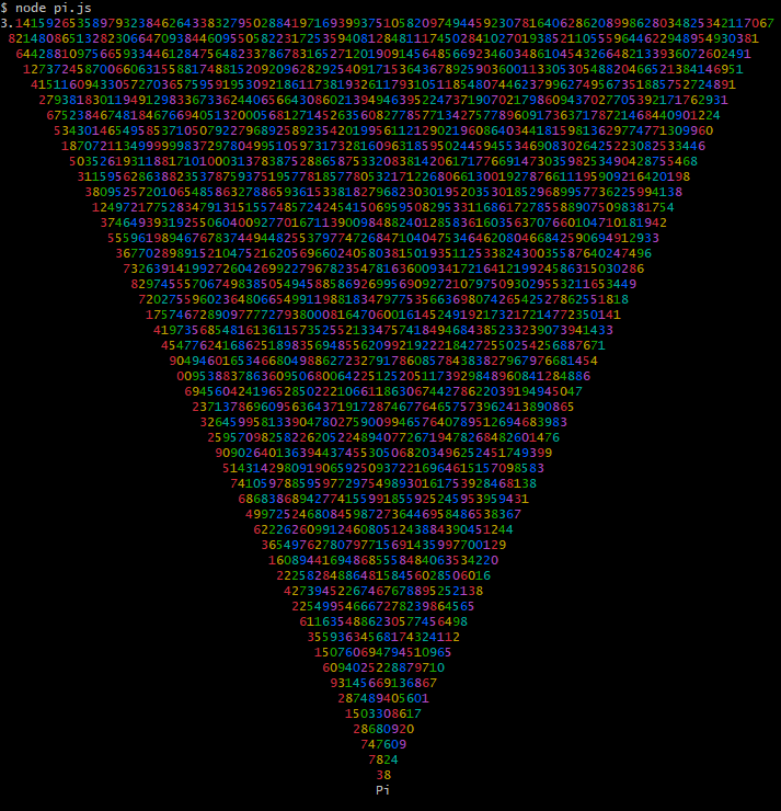 rainbow colored text of the digits of Pi in the shape of a triangle